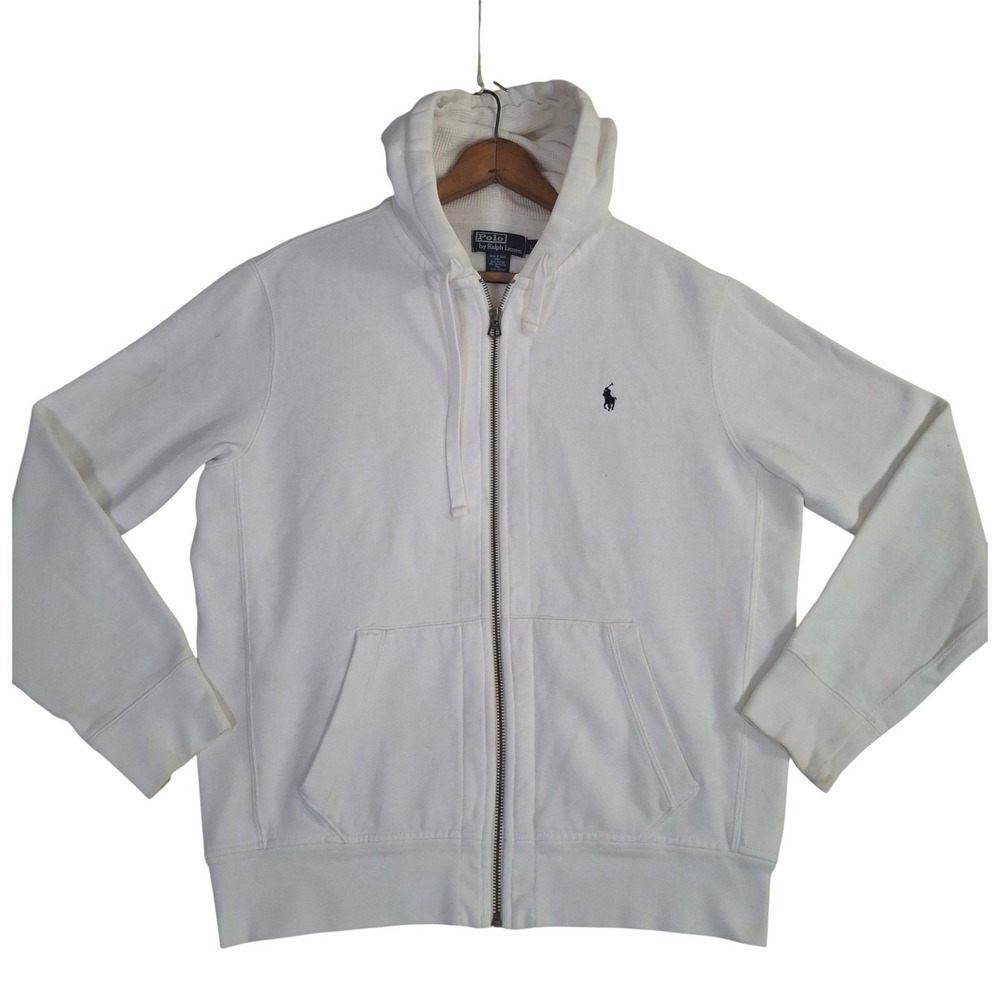 Polo Ralph Lauren White Full Zip Hoodie Men's Large L Sweatshirt Blue Pony READ